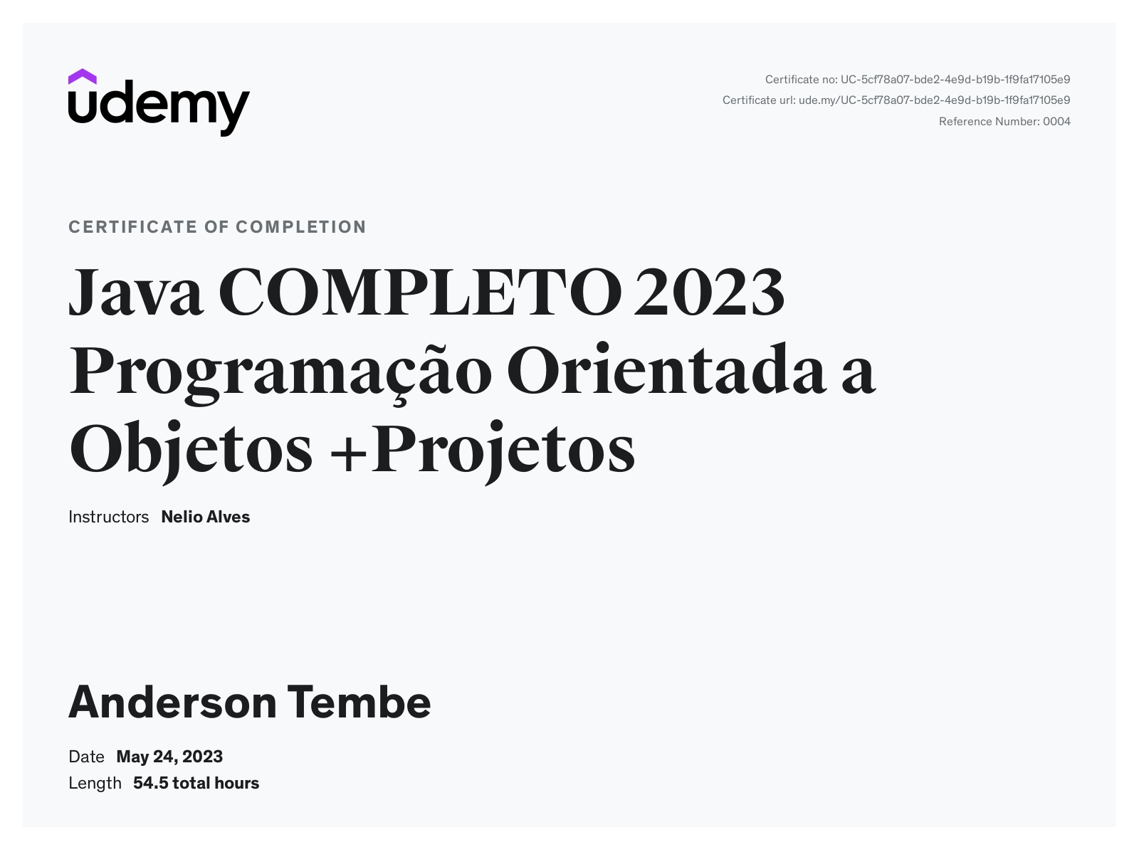 Certificado Java Completo 2023 - Anderson Tembe