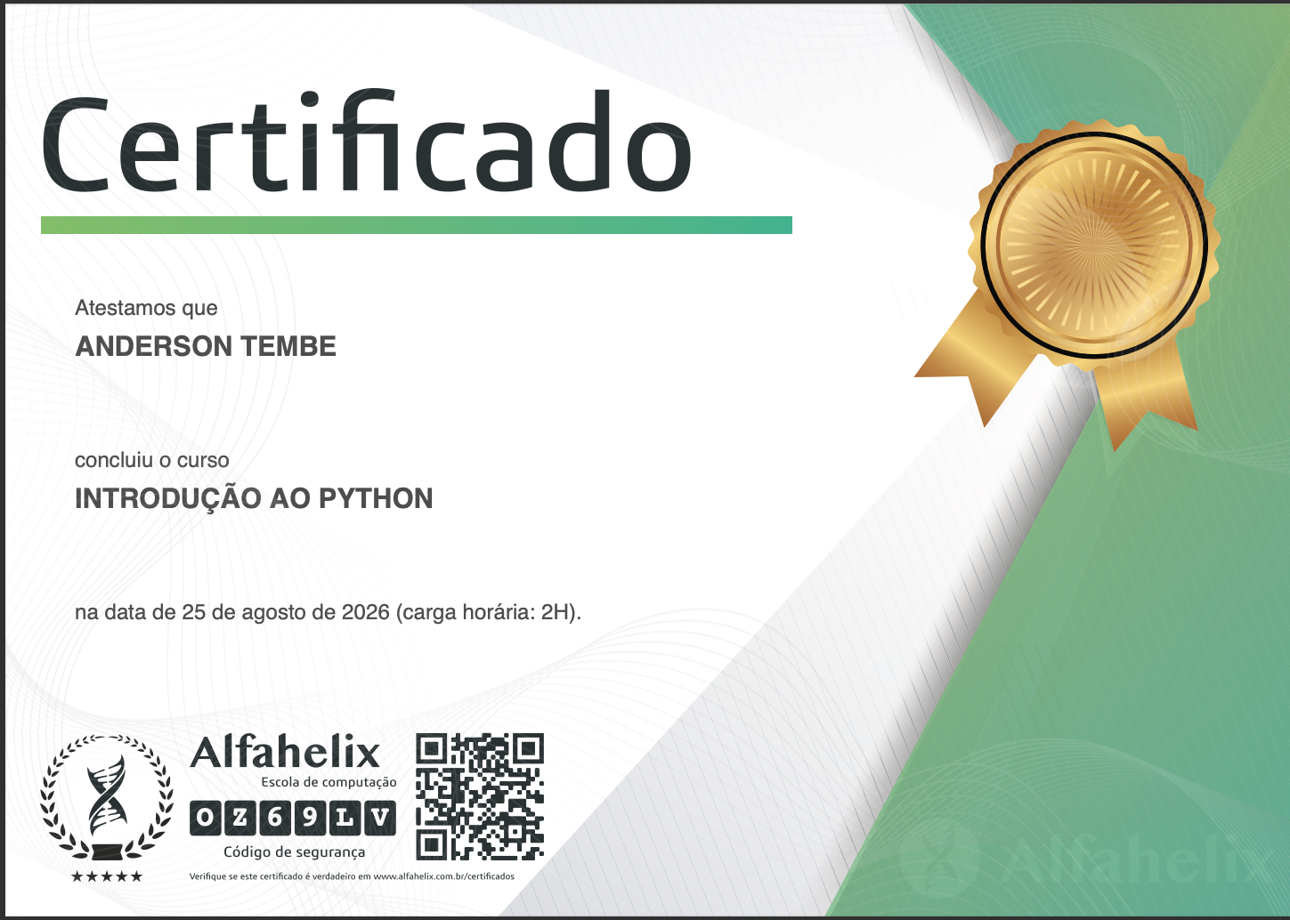Certificado Introdução ao Python - Anderson Tembe